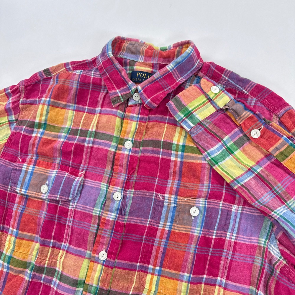 Polo Ralph Lauren Mens Shirt L Pink Multi Plaid Linen Button Up Long Sleeve